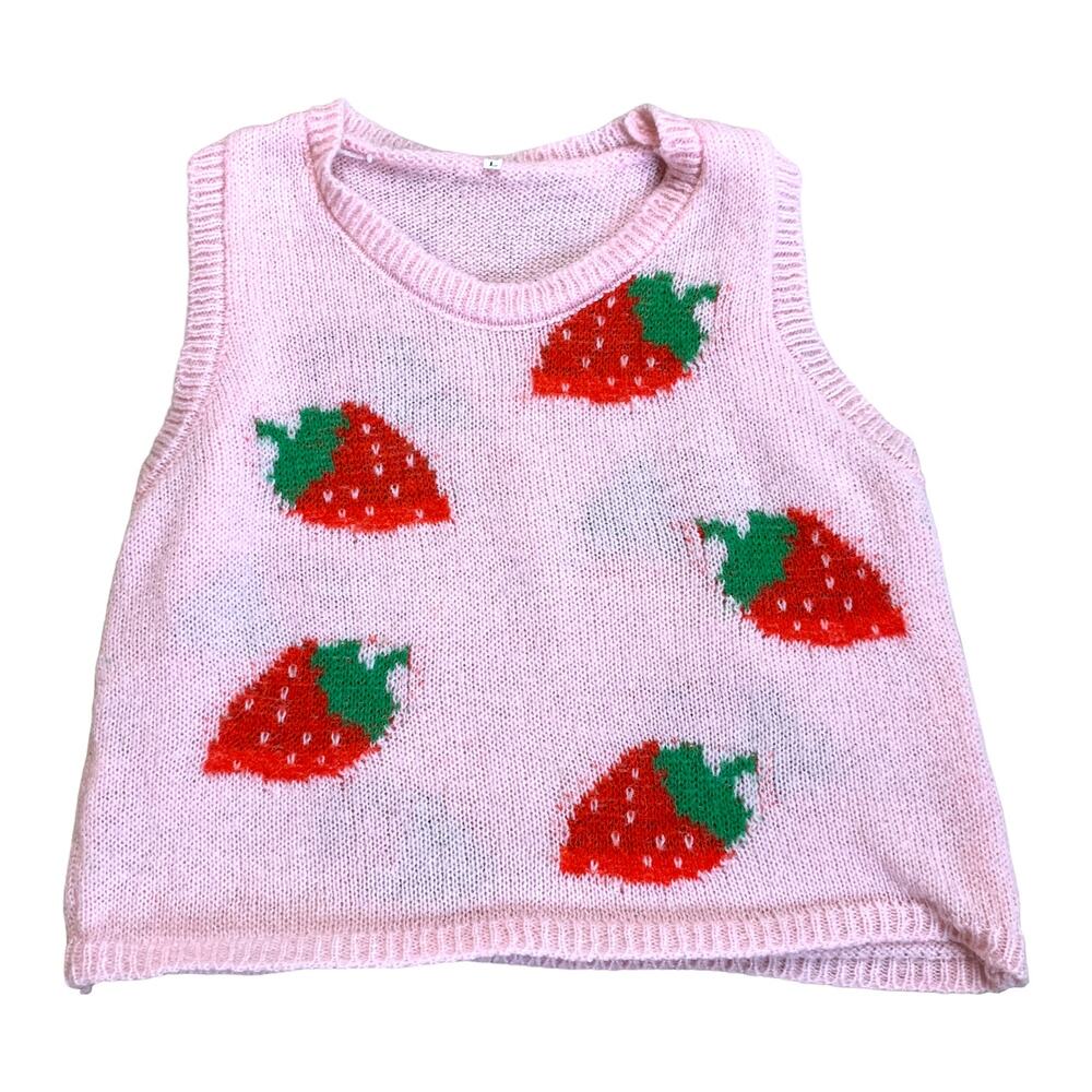 Strawberry Print Baby Pink Cropped Knit Jumper Tank Top Large